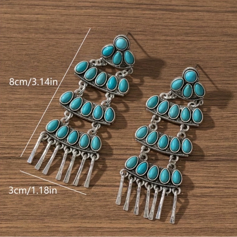 Western Earrings Bohemian Turquoise Silver Dangle Earrings Cowgirl Southwestern - Picture 4 of 4